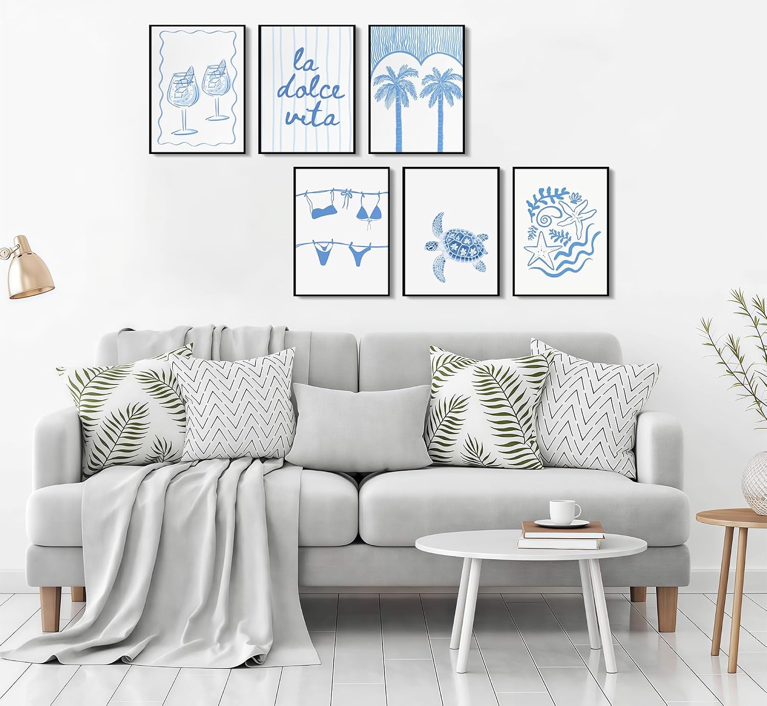 6Pcs Blue coast Preppy Canvas Wall Art Bikini Palm Tree Coquette Painting Picture Wall Decor Starfish Sea Turtle Coastal Granddaughter Poster Artwork for Girls Bedroom Dorm Apartment Home Decoration