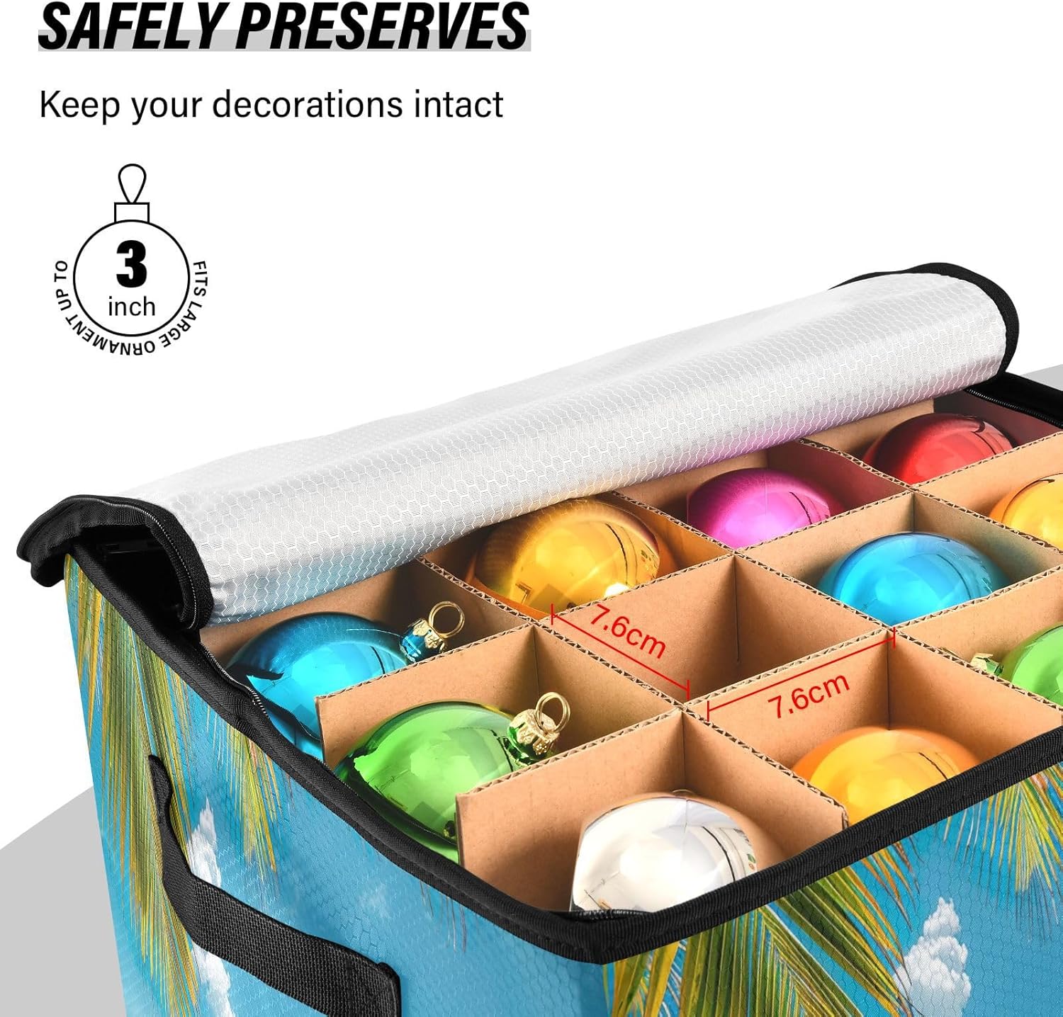 Sunny Beach Scene 13 Inch Christmas Ornament Storage Box with Lid - Holiday Decor Storage Containers, Stores 64 Ornaments, 3 Inch Cube Compartments