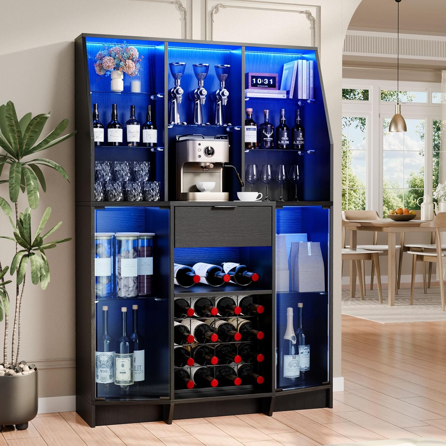 59.05" Wine Bar Cabinet W/ LED Lights & Tempered Glass Door, Home Bar Liquor Storage Cabinet With 16 Grid Wine Glass Rack & Adjustable Shelves,Coffee Cabinet with Drawer for Living Room, Dining Room