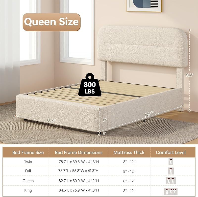 HOMBCK Queen Bed Frame, Beige Boucle Upholstered Bed, image 2