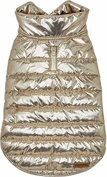 Blueberry Pet Cozy Windproof Puffer Jacket Glossy Gold Winter Coat for Medium-Sized Dogs, Size 14 15.75" Back Length, Easy On/Off Design with Leash Hole, Stylish Outdoor Accessories