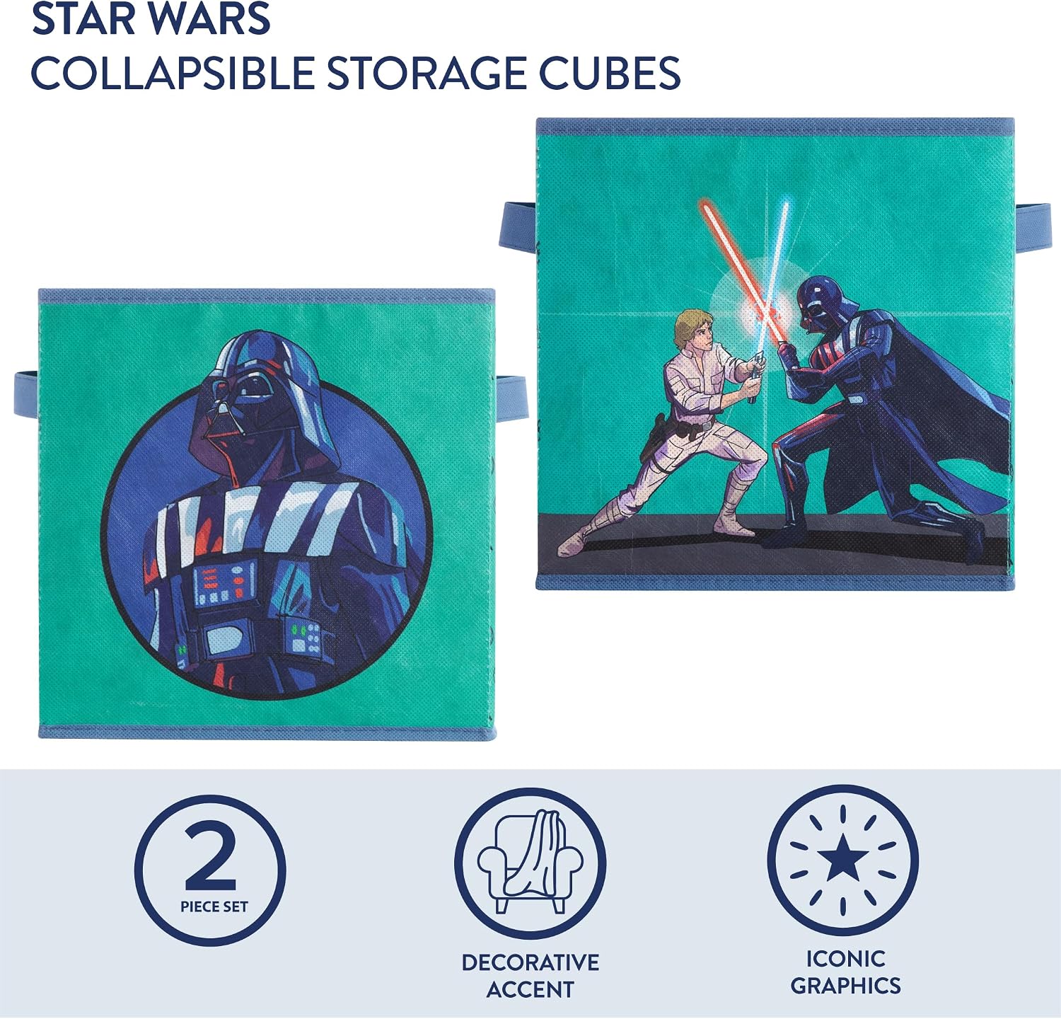 Idea Nuova Set of 2 Durable Storage Cubes with Handles, 10"x10"x10" Cubes,Star Wars Darth Vader and Luke Skywalker