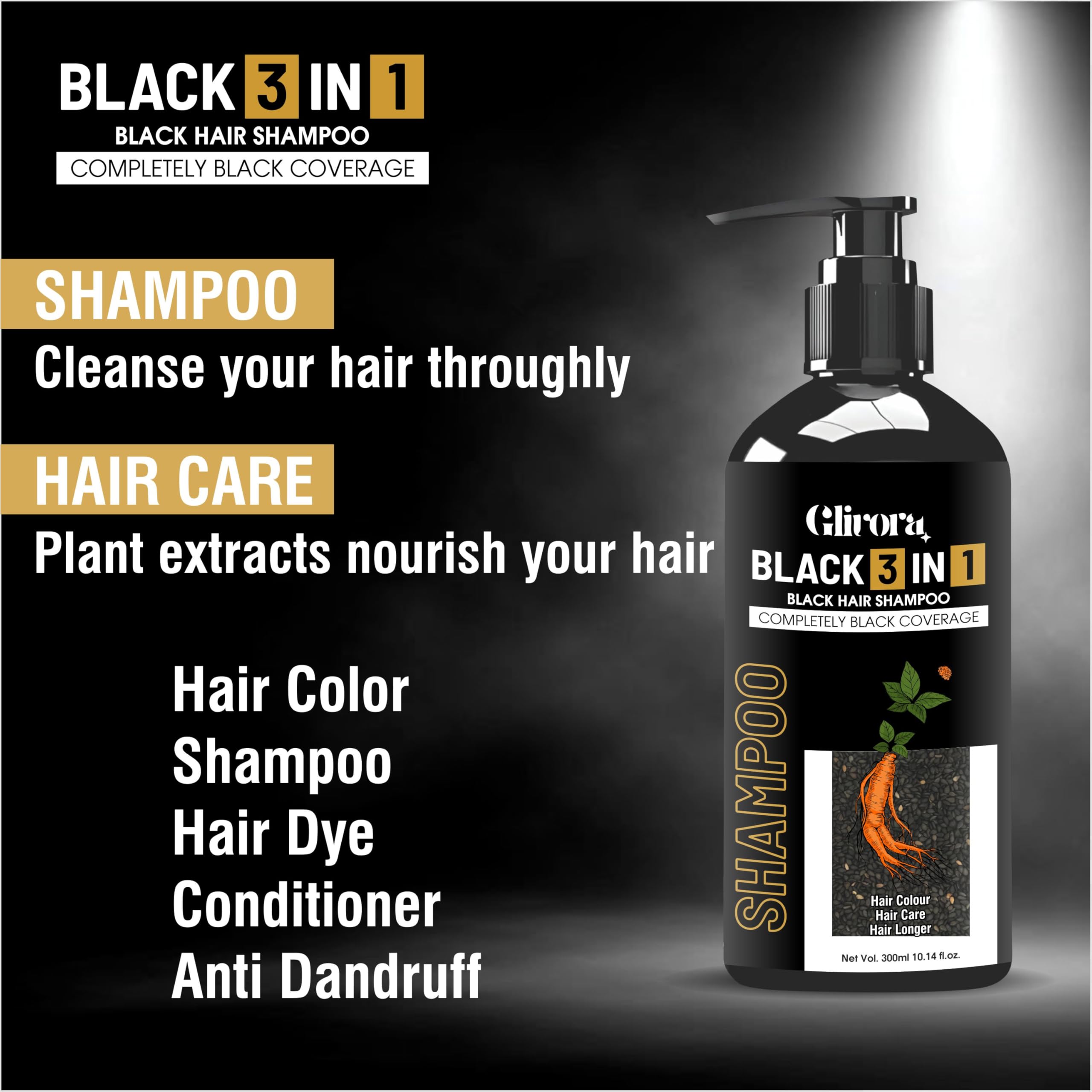 Buy GLIVORA Black 3 in 1 Hair Color Shampoo 300ml, Instant Black