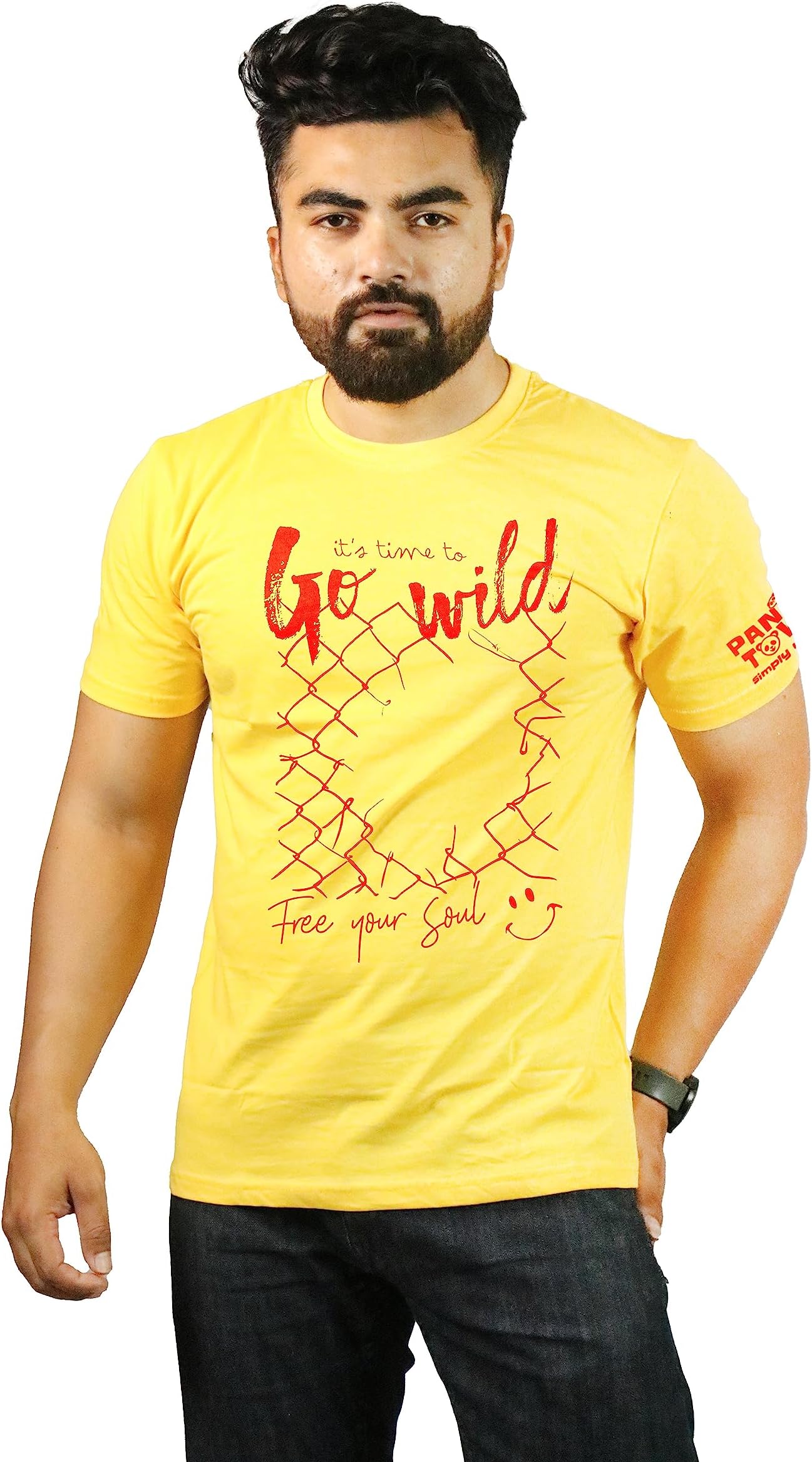 PANDA TOWN Unisex - Pure Cotton - Go Wild - Red - Printed T-Shirt Yellow