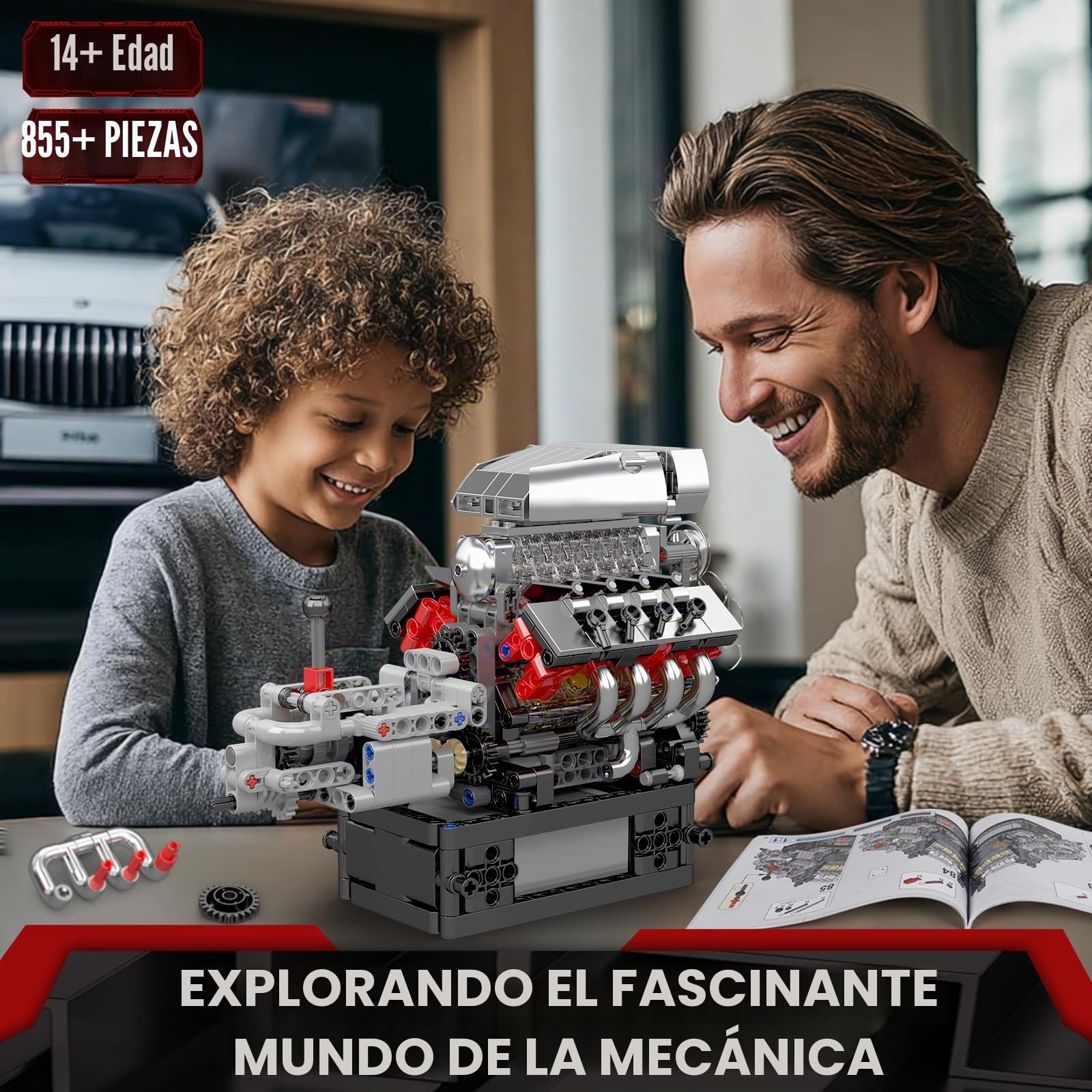 Mould King 10225 Tecnología V8 Motor y Engranaje Bloques de Abrazadera, STEM 855+ Piezas Bloques de Modelo de Motor con Motor, MOC Auto Engine Modelo Juguetes para Adolescentes/Adultos Colección
