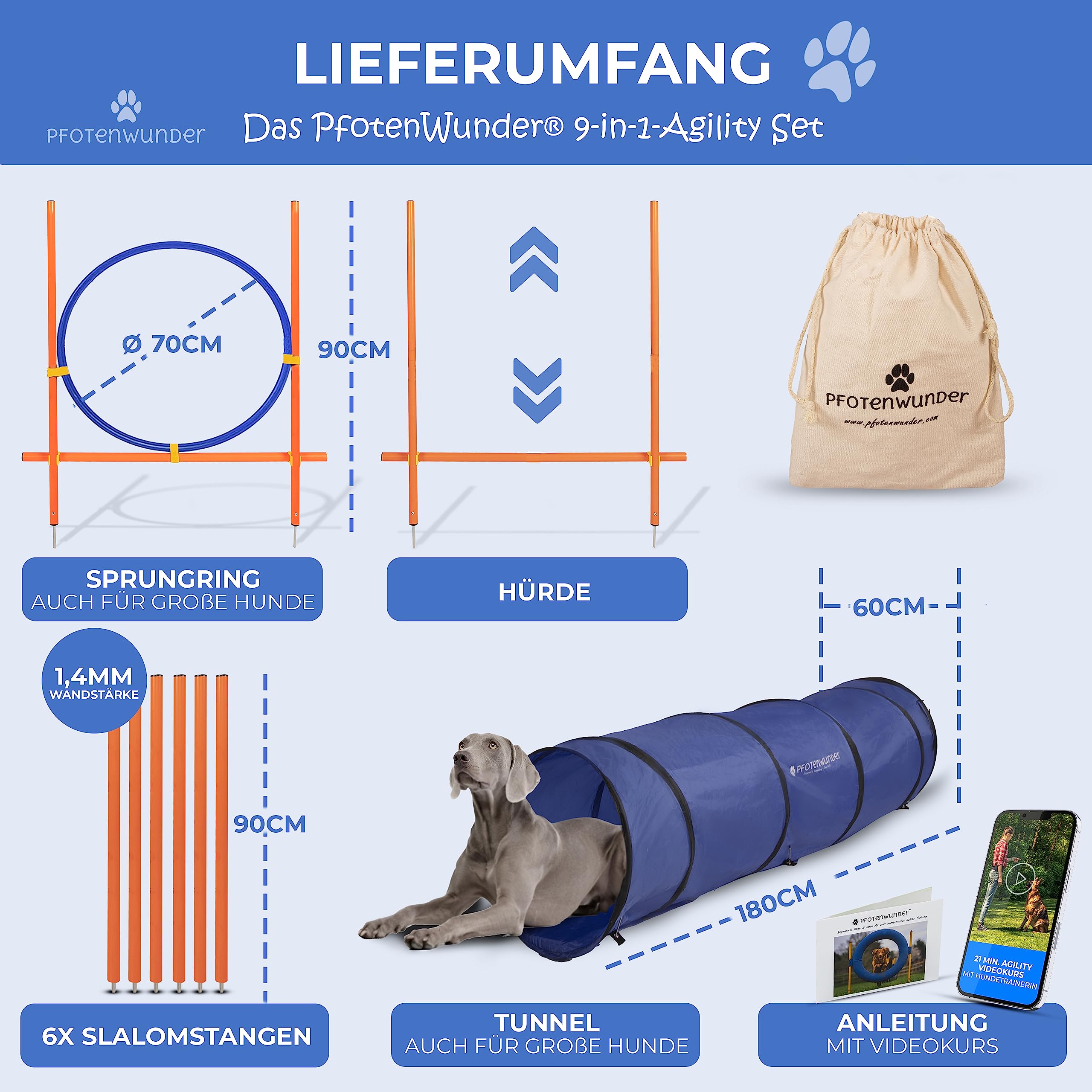 PfotenWunder® "9-in-1 - Agility Set Hunde groß + 21 Min. HUNDESCHULE - 6 Slalomstangen, 1 Tunnel, für kleine & große Hunde, Training Sport Spielzeug Cavaletti Parcour Steckhürdenset Zubehör Hürden