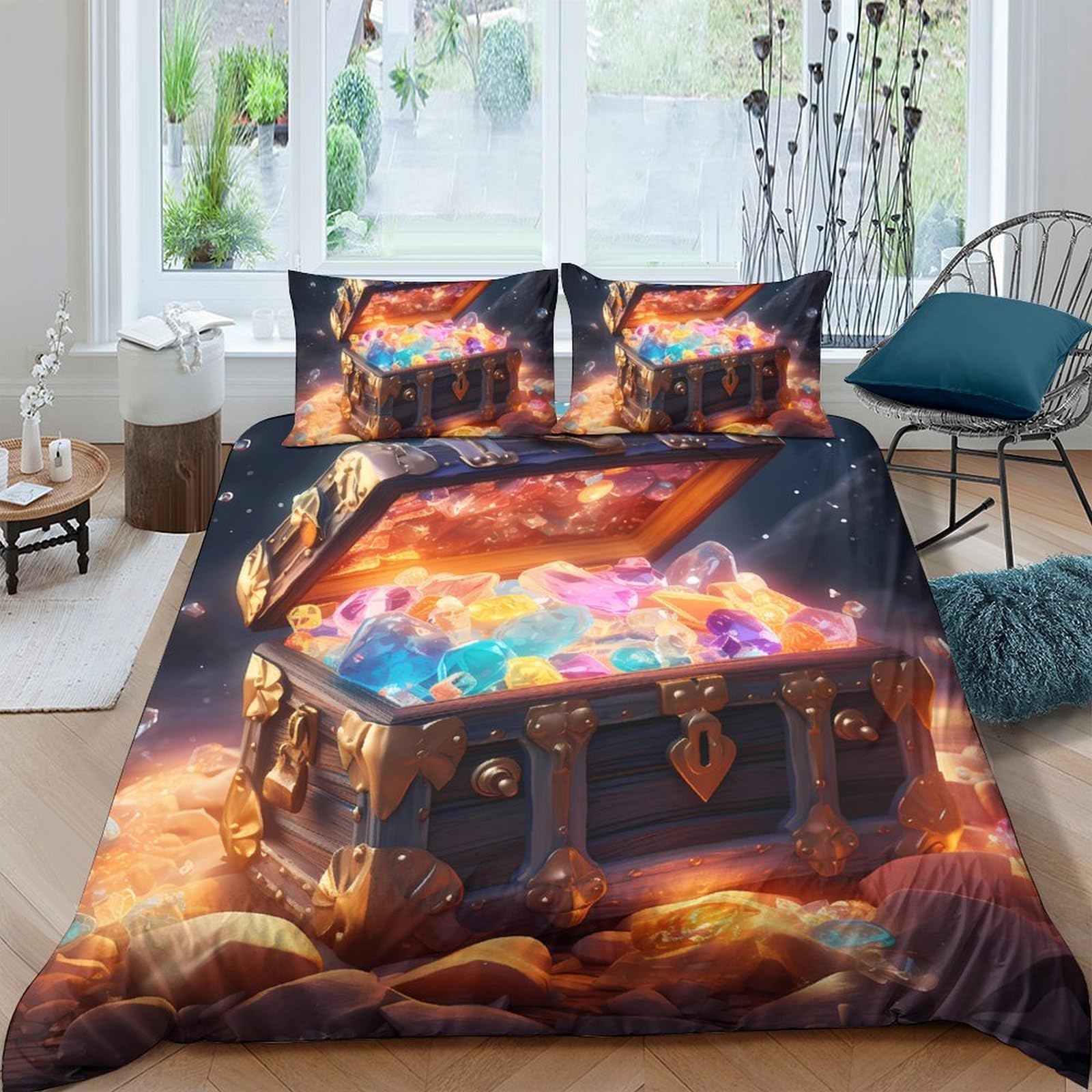 P5V6M1Q9 3D Printed Treasure Chest Duvet Cover Microfiber Soft Breathable Fantasy Gem Bedding Set with 2 Pillowcases for Bedroom Decor Single（135x200cm）