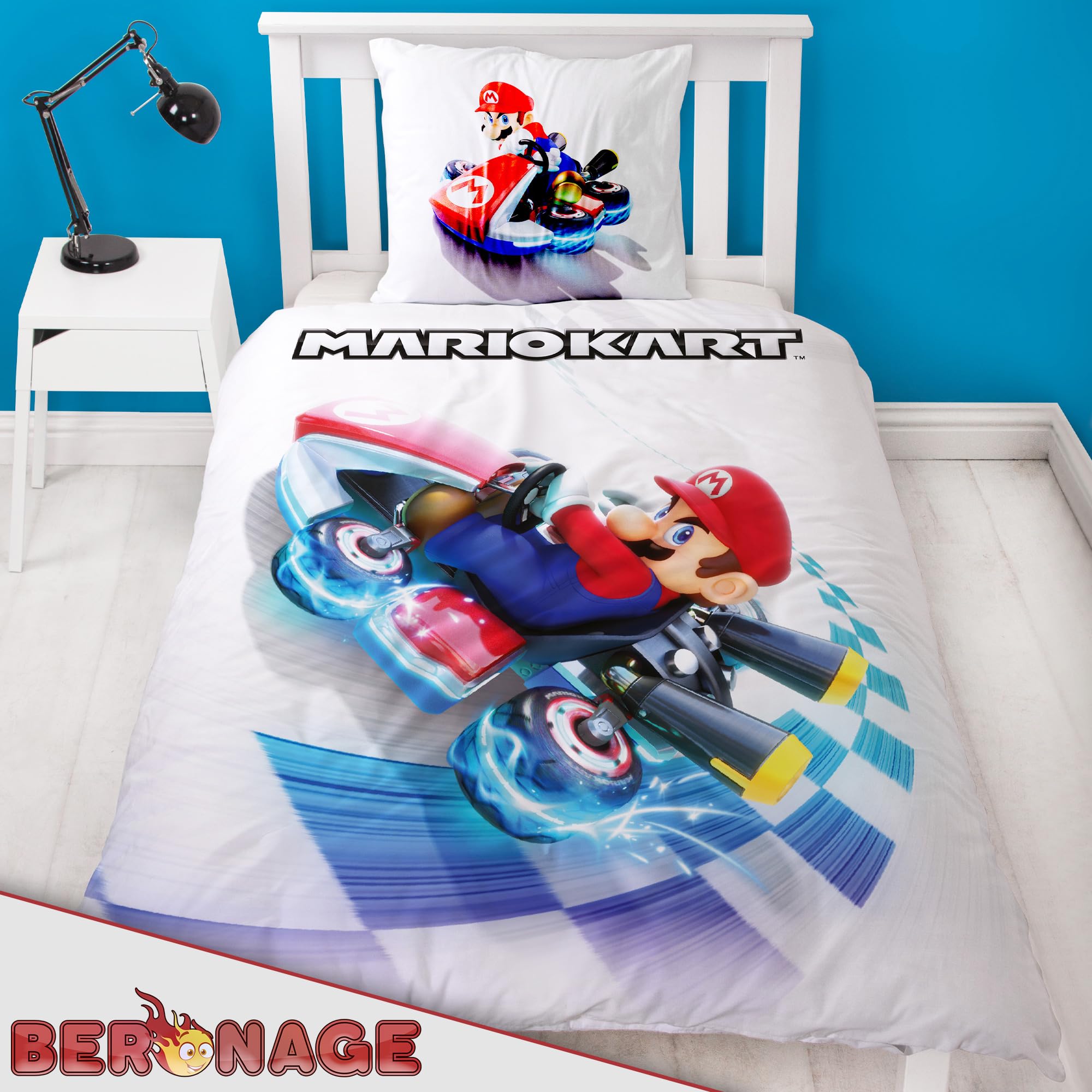 BERONAGE Super Mario Kart Kinderbettwäsche Combo - 135 x 200 cm + 80 x 80 cm – 100% Baumwolle Renforcé-Linon – Bettwäsche mit Motiven von Mario, Bowser & Co. - Rennen - Reißverschluss, deutsche Größe