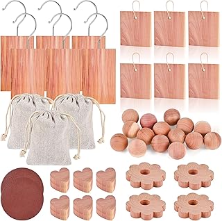 48-Pc Cedar Blocks for Clothes Storage: Blocks, Planks, Hooks, Rings, Balls, & Sachets for Closet, Drawer, Bookshelf & Shoe Protection - Natural Cedar Scent (Pack of 48)