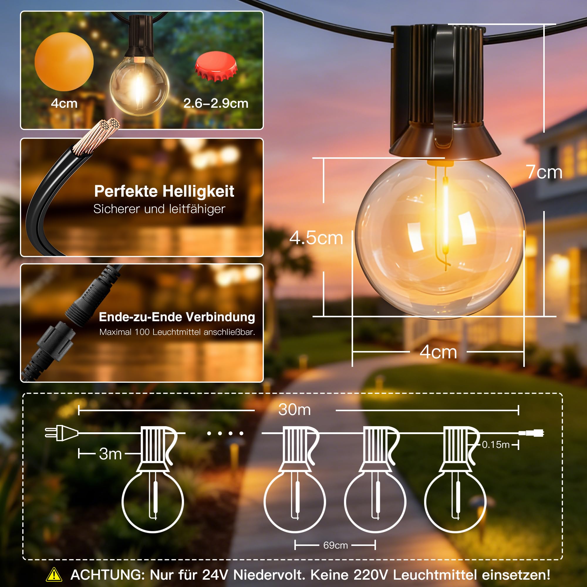 Ollny Guirnalda Luminosa Exterior, 30M 40+2 Bombillas LED G40, Guirnalda de Luces LED Conectable, Resistente al Agua para Patio Terraza Fiesta Boda 2700K Blanco Cálido