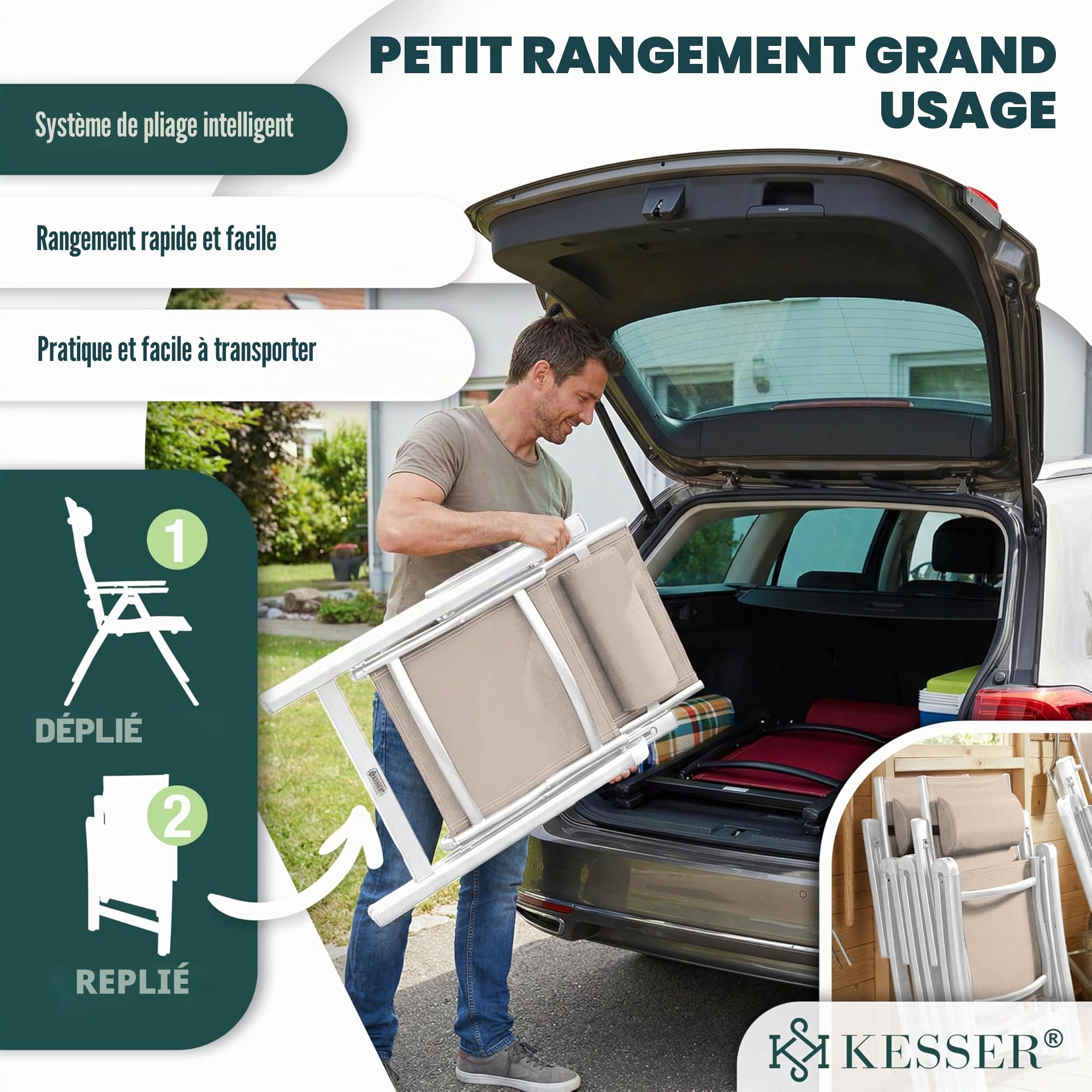 KESSER® Chaise de Jardin à Dossier Haut avec accoudoirs | Lot de 2 | en Aluminium avec Coussin et Housse | avec Dossier réglable en 7 Positions | Respirante, Pliable, Antidérapante | Taupe