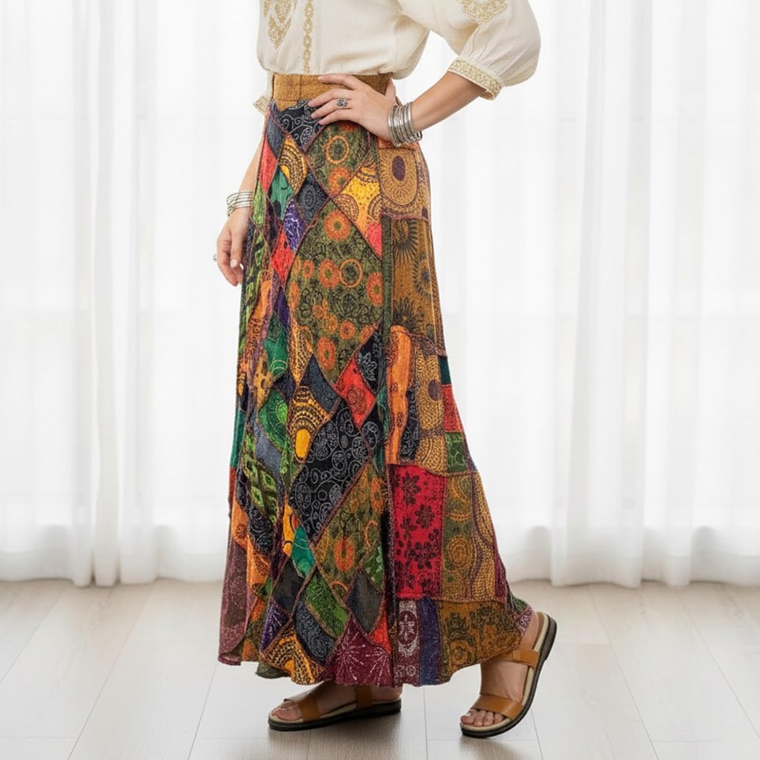 Agan Traders 2026 Long Flowy Maxi Skirts for Women – Elastic High Waist Wrap Trendy Skirt - Boho Tiedye Patched Women's Skirt