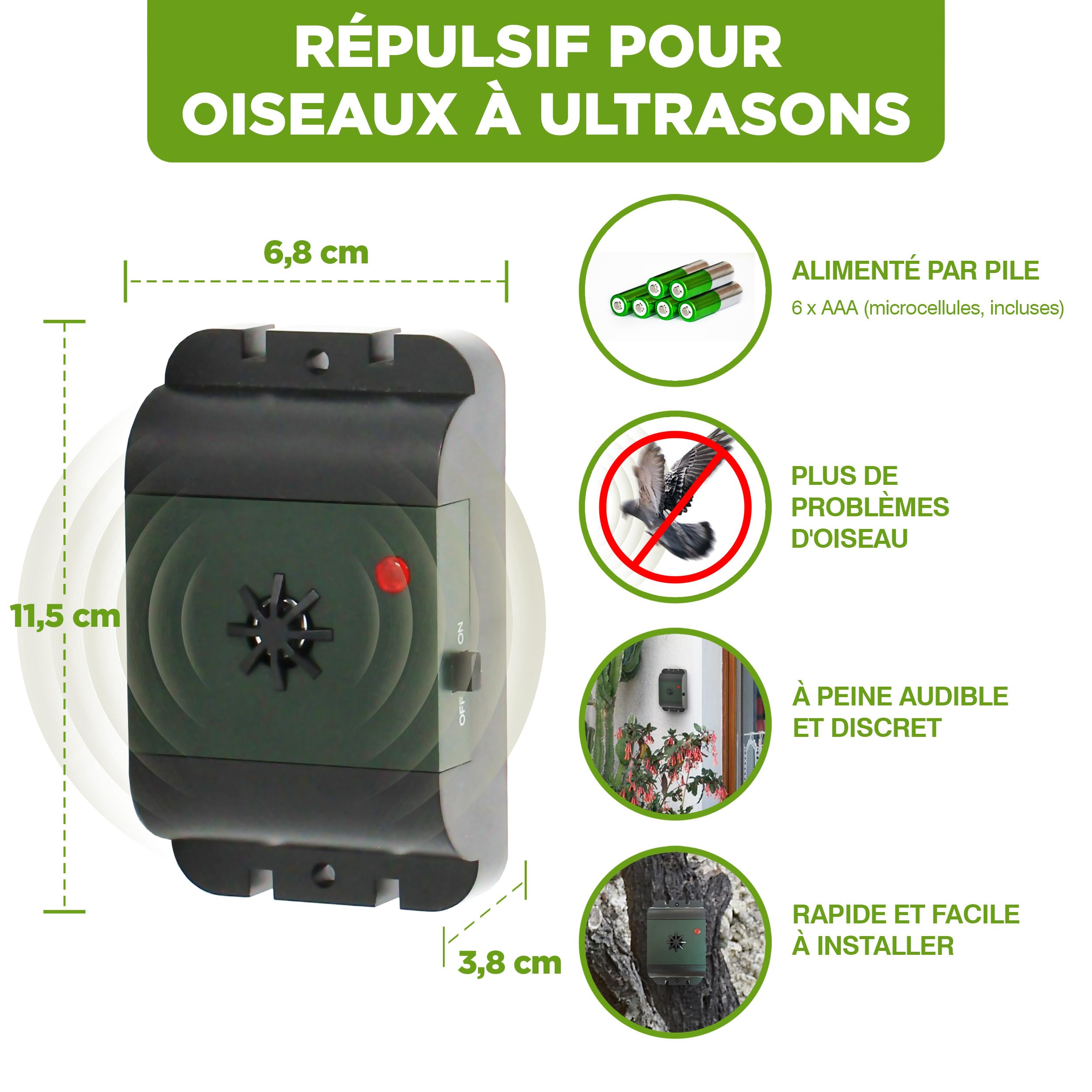 ISOTRONIC Répulsif ultrasons Oiseaux et Pigeons – À Piles pour Balcon, Toit et Jardin – Éloigne moineaux, goélands et Corbeaux – Portée 40 m² – Lot de 2 unités pour Une Protection Efficace et Mobile