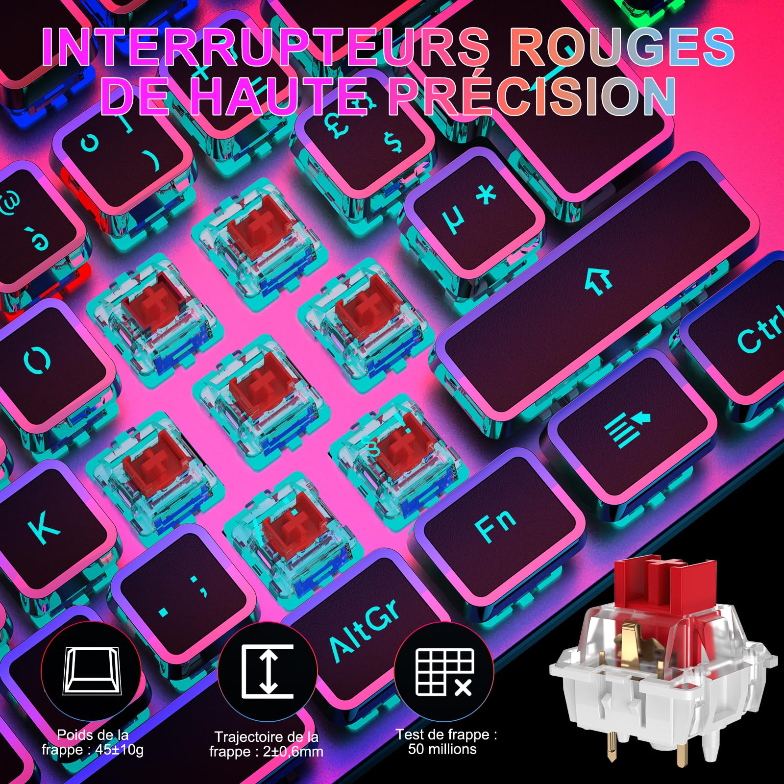 TECURS Clavier Gaming Mécanique - Clavier Gamer Programmable avec Repose-Poignet Magnétique, Switchs Rouges, 19 Modes LED, Touches Multimédia, Clavier AZERTY PC/Wins/PS4