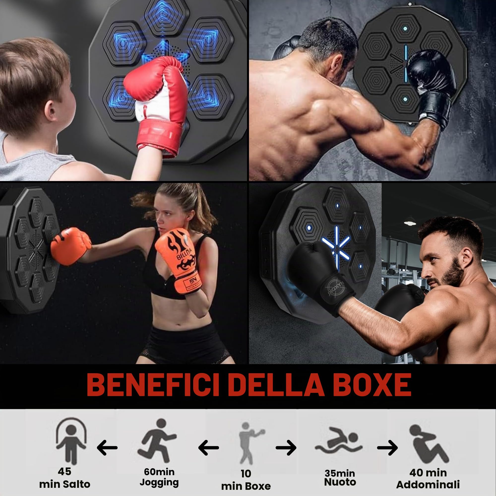 Macchina da Boxe Musicale. Attrezzatura da Allenamento da Parete con LED, Guantoni da Boxe, Bluetooth e Luci a Ritmo di Musica per Bambini/Adulti.