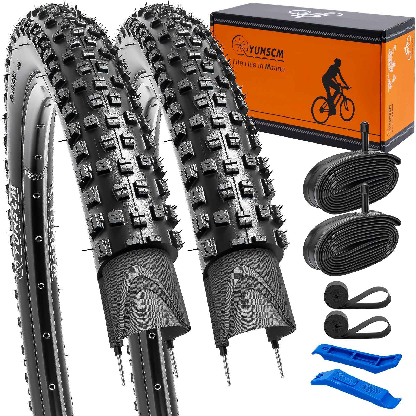 YunSCM 2-Pack 60TPI 29 inch Tyres 29x2.10 Tires 54-622 with 29 inch Inner Tubes AV32mm Schrader valve Compatible 54/57-622 29x2.0 29x2.10 29x2.125 Mountain Bike Tyre| Nylon Anti-puncture