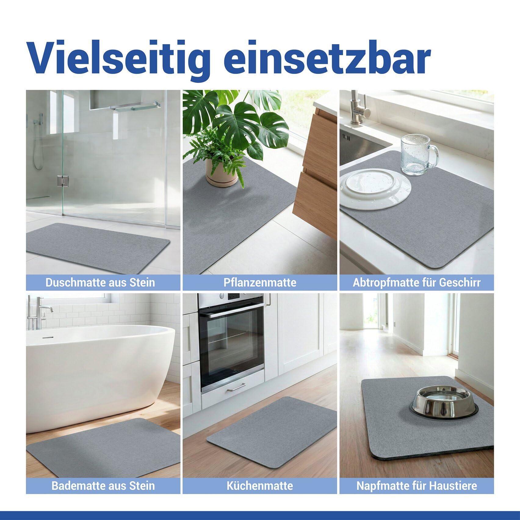 WENKO rutschfeste Badematte Mod. Simi, schnelltrocknender Badvorleger aus Diatomit (Kieselgur), stark wasserabsorbierend, saugfähiger Duschvorleger, grau