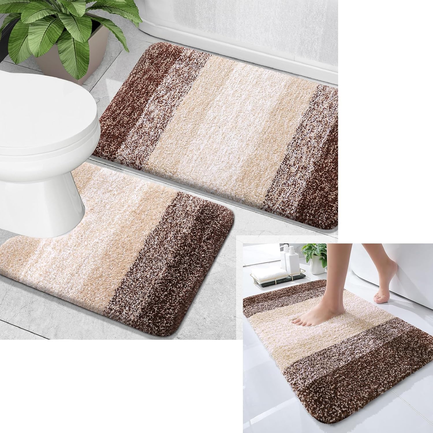 OLANLY Ombre Bath Rug and Bathroom Rugs Sets 2 Piece, Bath Rug Size 30x20 and Bathroom Rug Set Size 30x20+24x20 in Brown, 3 Item Bundle