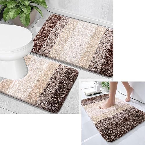 OLANLY Juego de 2 alfombras de baño marrones con alfombra de inodoro en forma de U, 30 x 20 + 24 x 16 pulgadas, diseño degradado, microfibra suave,