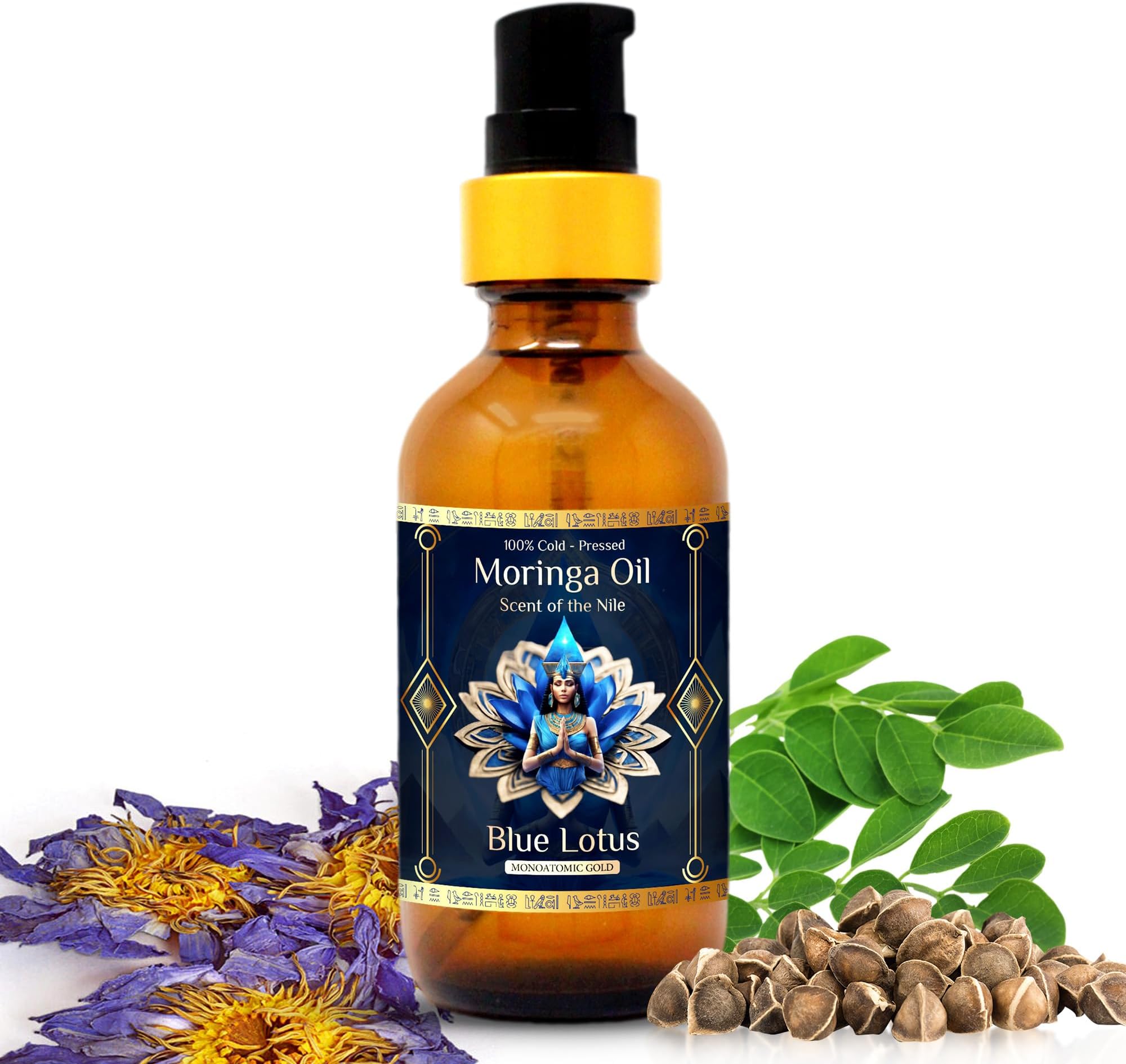 Pure Organic Moringa Oil with Blue Lotus Flower | Deep Hydrating & Anti-Aging Ritual Oil for Skin, Hair & Nails | Premium 100% Cold Pressed Moringa Seed Extraction, Nourishes & Hydrates Skin 1oz.