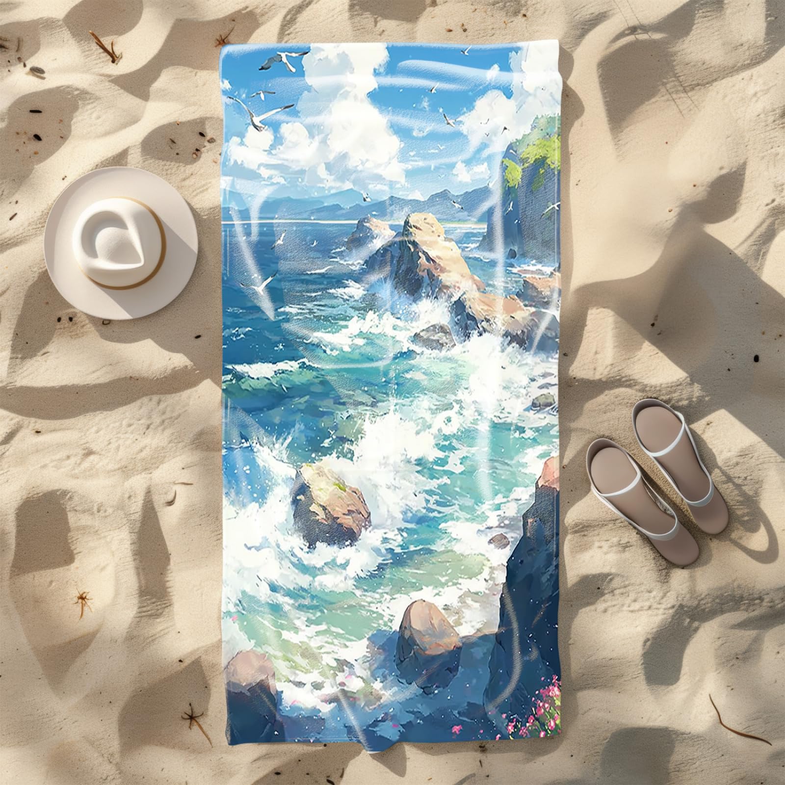 Tapis de Plage XXL Anti Sable Plage Seagull Bleu Serviette Piscine Adulte,Natte De Plage Pliable, Voyage Accessoires De Plage Camping,Serviette de Bain Personnalisée