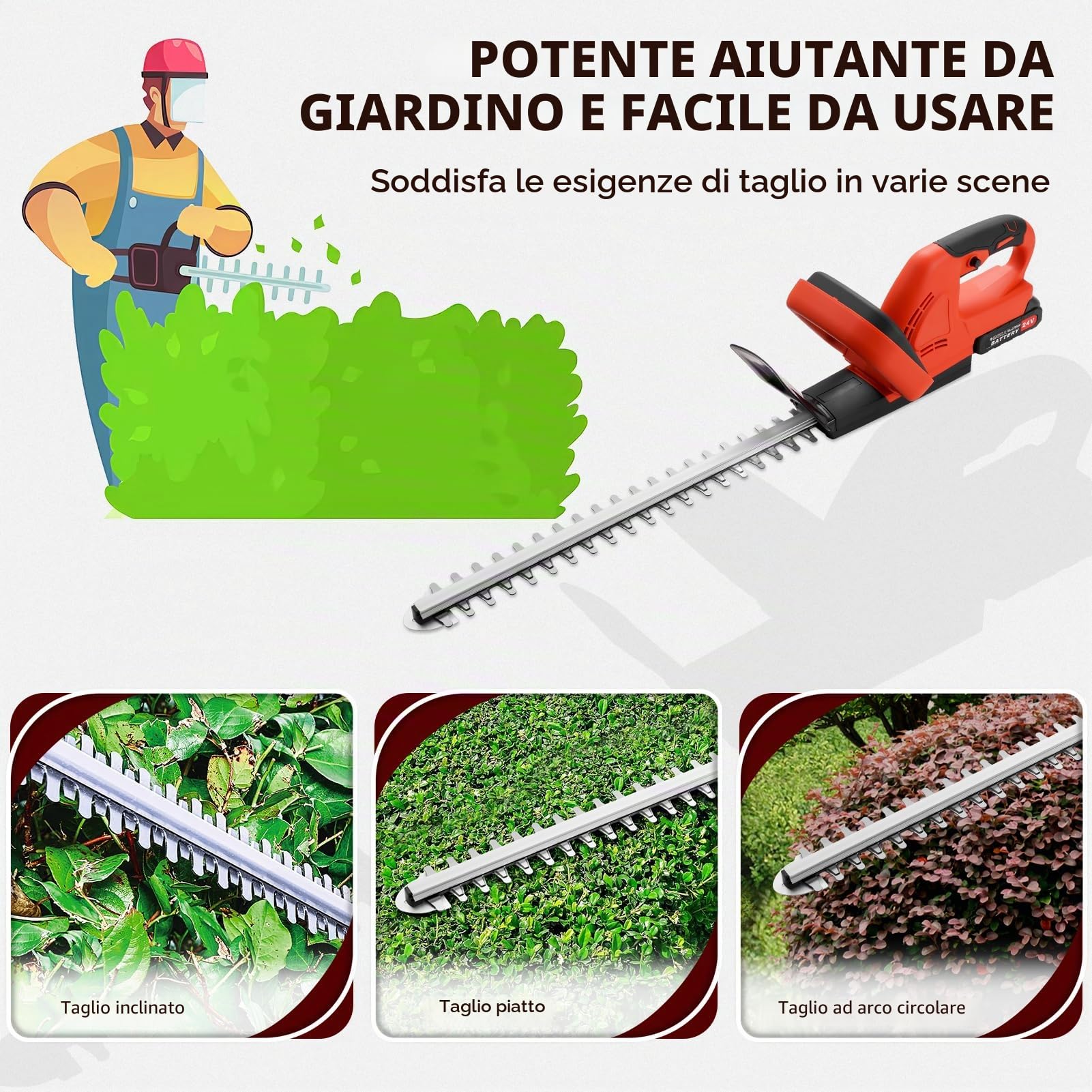 Tagliasiepi a Batteria 21V,500W Tagliasiepi Elettrico con 2×3000mAh Batterie e Caricabatterie,Lama a Doppia Azione da 51cm,17mm Distanza Denti,1500R/Min Tagliasiep Senza Fili per Siepi, Arbusti