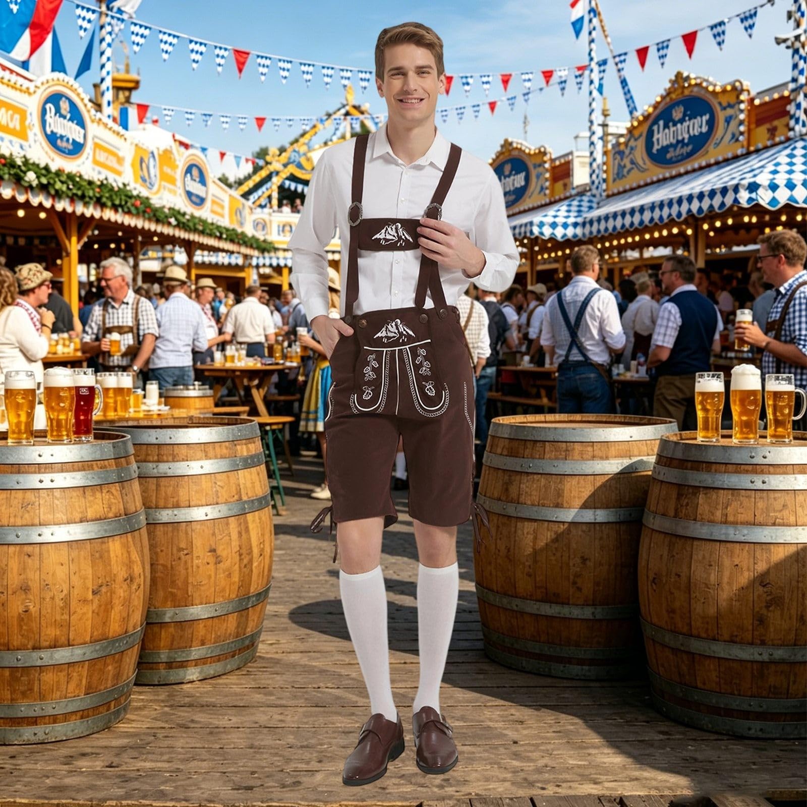 Kurze Lederhose Herren Mit TräGer,Lederhosen Braun Mit Stickerei Trachtenhose Hemd Trachten Hose Elegant Und Bequem Trachten Lederhose FüR Oktoberfest Bierfest