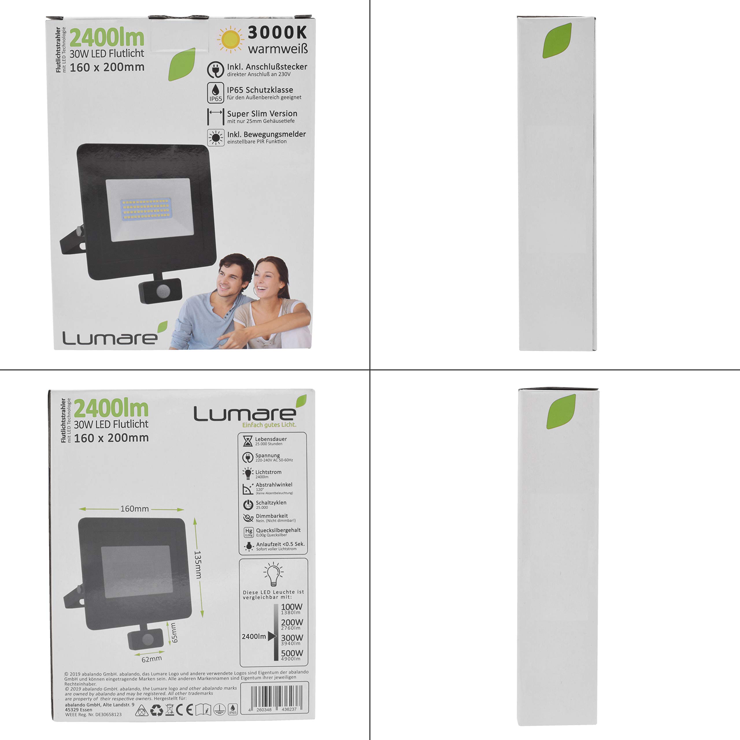 Lumare LED Projecteur 30W | avec détecteur de mouvement et fiche de raccordement | 3000lm | 3000K blanc chaud | Pour extérieur et intérieur IP65 | Projecteur remplace env. 200W