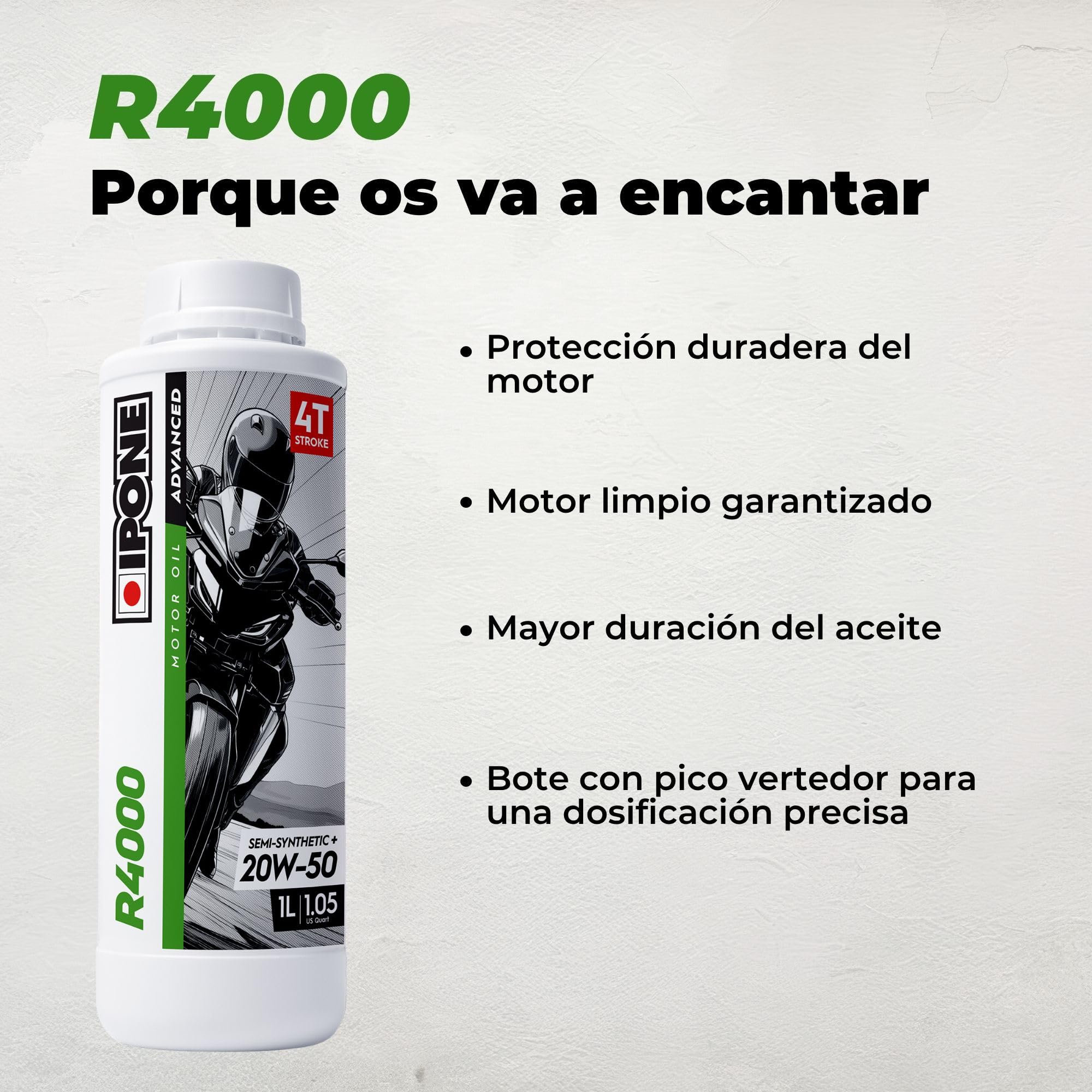 IPONE – Aceite de Motor para Moto 4 Tiempos 20W50 R4000 – Envase de 4 Litros – Semi-Sintético+ –Gama Advanced -Protección duradera del motor –Mayor vida útil del aceite –Limpieza del motor garantizada