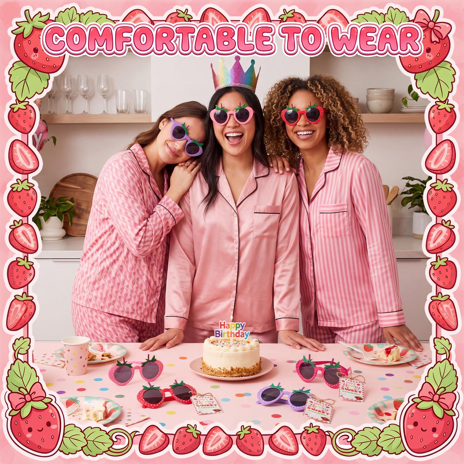 Tanlade Lot de 24 paires de lunettes de soleil en forme de fraise avec jolies cartes d'été, fournitures de fête d'anniversaire, cadeaux sur le thème de la fraise, accessoires photo