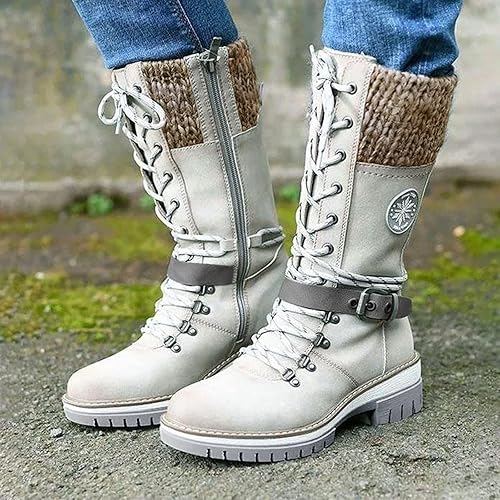 Miniatura 6 de ZBYY Botas vaqueras de media pantorrilla para mujer, tacón bajo grueso, botas de combate occidental, botas de invierno con punta redonda, sin