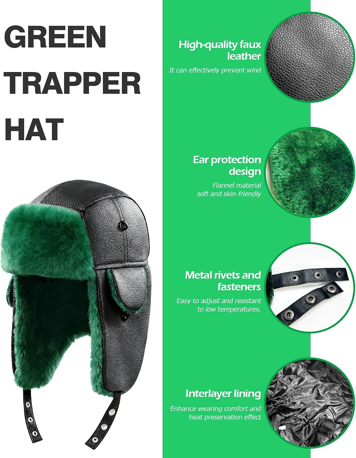 QLINLEAF Christmas Green Trapper Hat Winter Hats for Men Women Faux Fur Trapper Hat with Ear Flap Halloween Christmas Costume