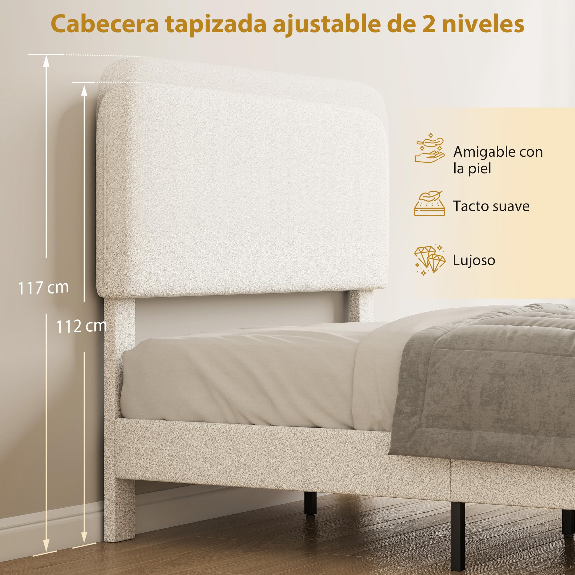 HOMCOM Cama Doble Tapizada en Borreguito, 135x190 cm, Cama Matrimonio con Cabecero Ajustable en Altura, Listones de Madera, Blanco