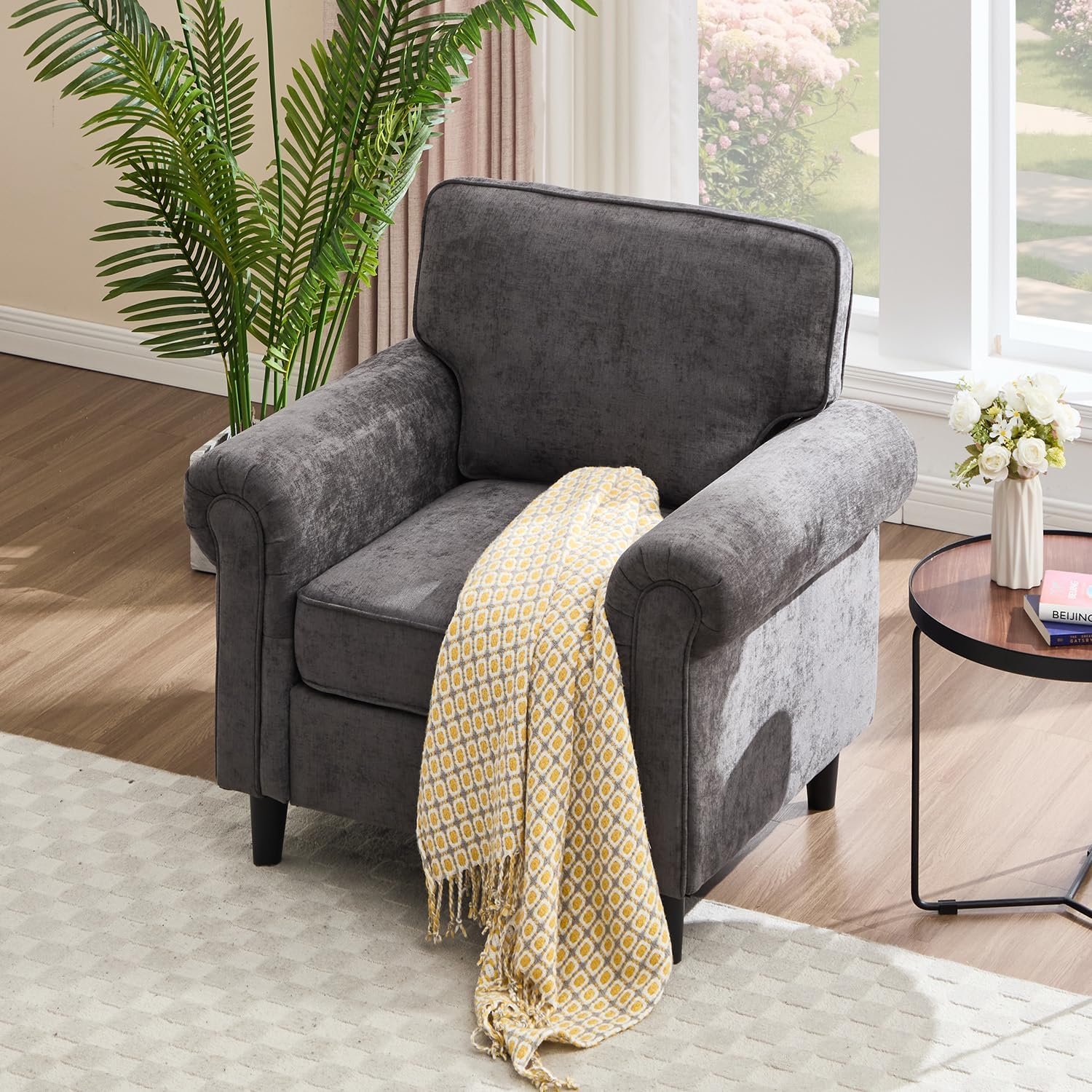 Kingfun Living Room Arm Chair, Modern Accent Chairs, Cloud Single Sofa, Spring Seat Cushion, Comfy Lumber Pillow, Chenille Fabric Removable Cover, Soft Upholstered Furniture Home Apartment, Grey