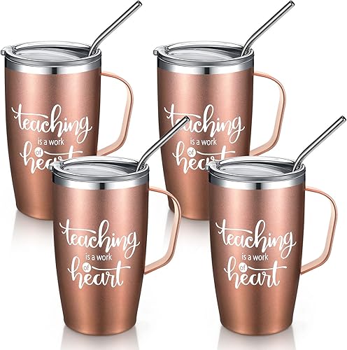 Juego de 4 vasos de vino de agradecimiento para profesores, regalos para mujeres y hombres, taza de viaje para profesores de 16 onzas con asa y