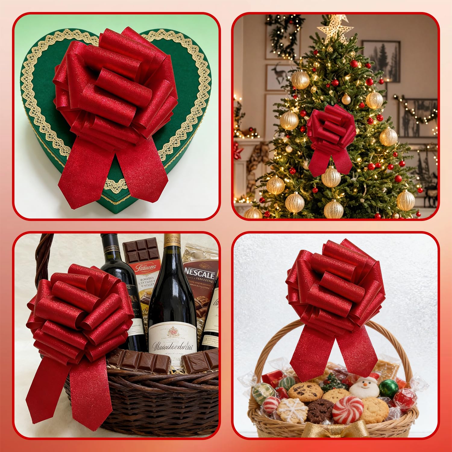 Lazo Rojo Grande 30 cm, Lazos para Envolver Regalos, Lazo para Bodas, Coches, Cestas, Puerta, Decoración de Navidad, Rojo Mate