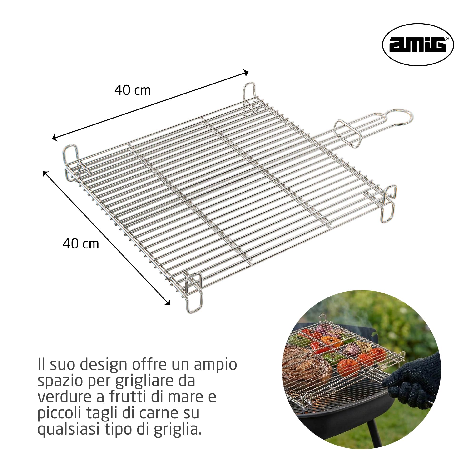 Amig - Griglia per Barbecue - 50 x 50 cm - Realizzata in Acciaio Resistente alla Corrosione - Girata Uniforme Ideale per Arrostire Carni e Verdure - MOD. AM25