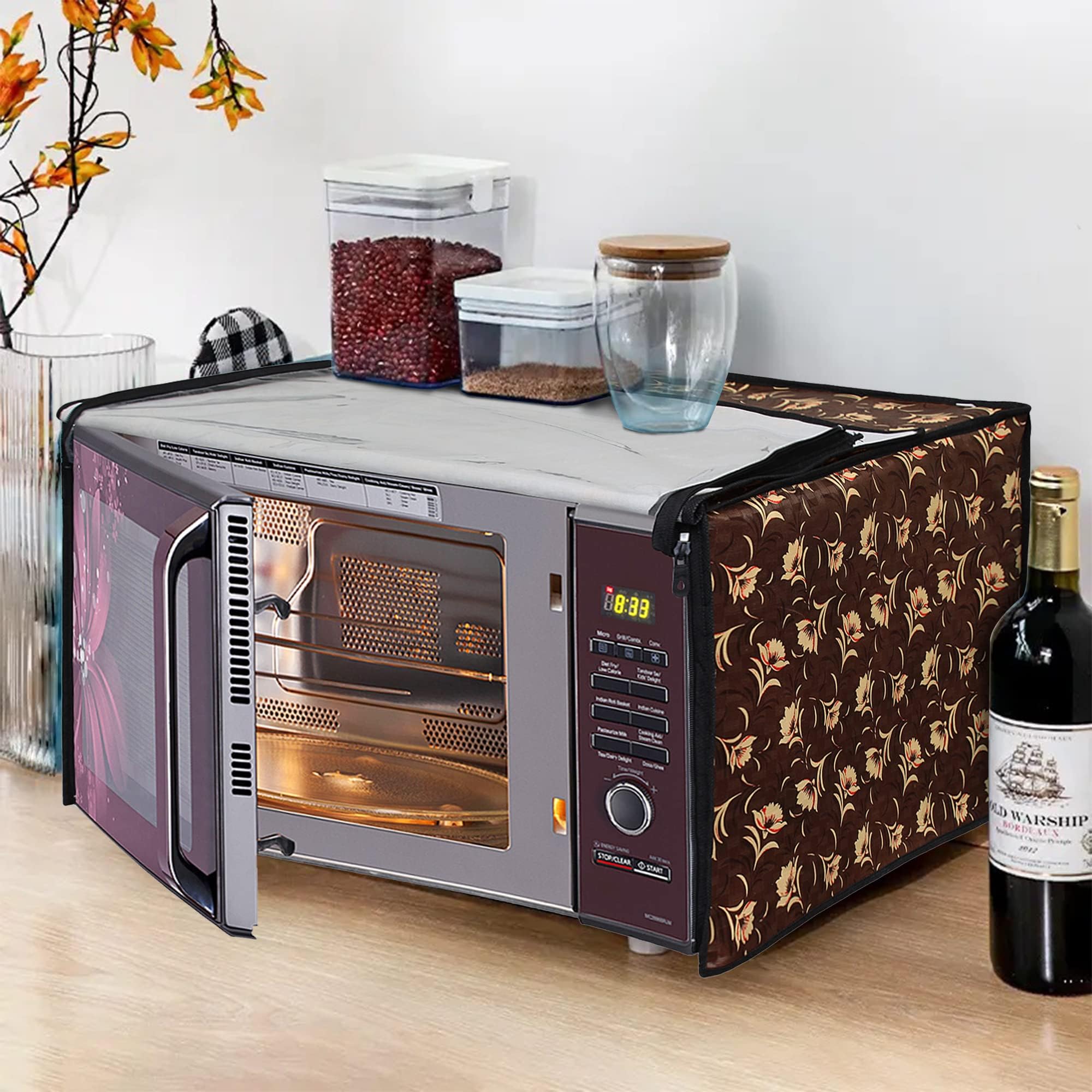 Glassiano Floral Brown Printed Microwave Oven Cover for Panasonic 20 Litre Convection Microwave Oven NN-CT265MFDG