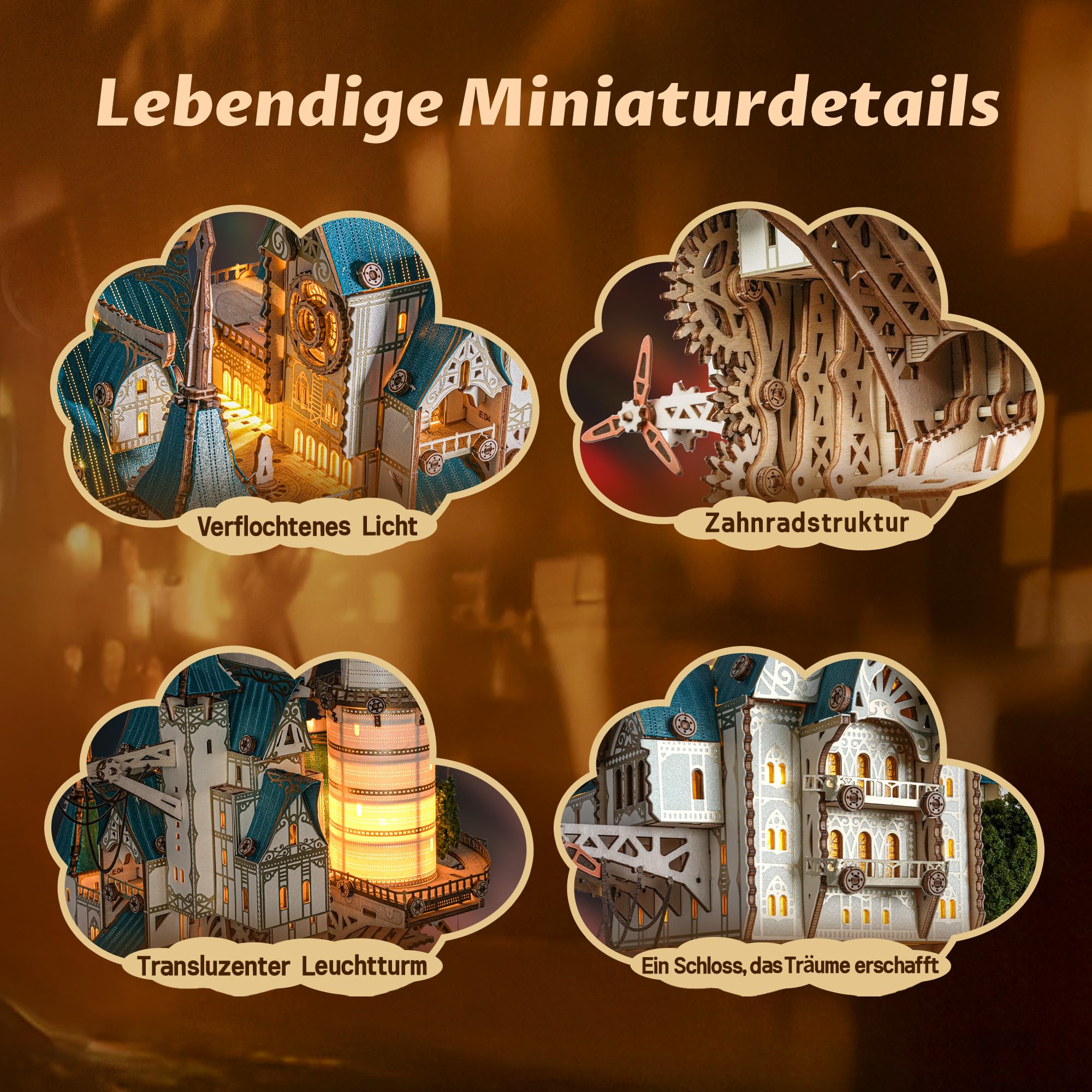 FUNPOLA 3D Holzpuzzle Dampf-Schloss Modell – Steampunk Barock Schwebendes Schloss DIY Bausatz mit mechanischen Zahnrädern, einzigartiges Geschenk für Erwachsene und Jugendliche