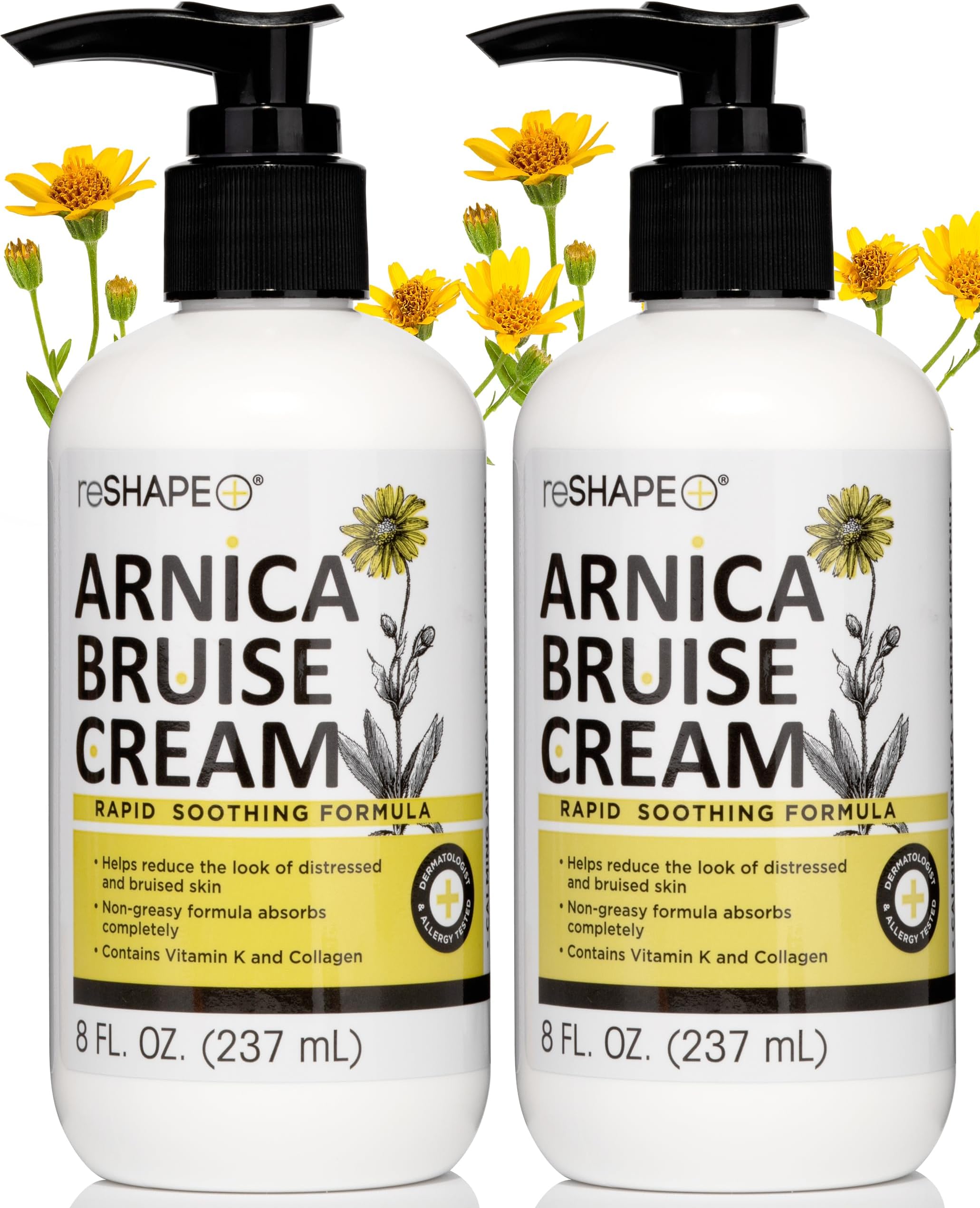 Reshape+ Arnica Bruise Relief Topical Cream For Bruising, Swelling, & Discoloration On Skin, Natural Skin Care Homeopathic Arnica Lotion W/Vitamin K, Horse Chestnut, & Collagen, 8 Fl Oz (2-Pack)