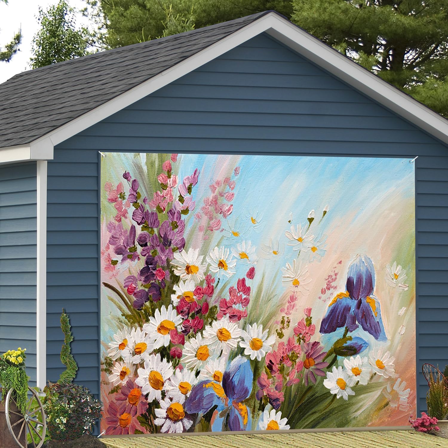 7x8ft Vibrant Flower Bouquet Oil Painting Garage Door Decor Colorful Daisy and Iris Scene Lively Garden Garage Door Decor Nature Botanical Beauty Seasonal Decoration Props