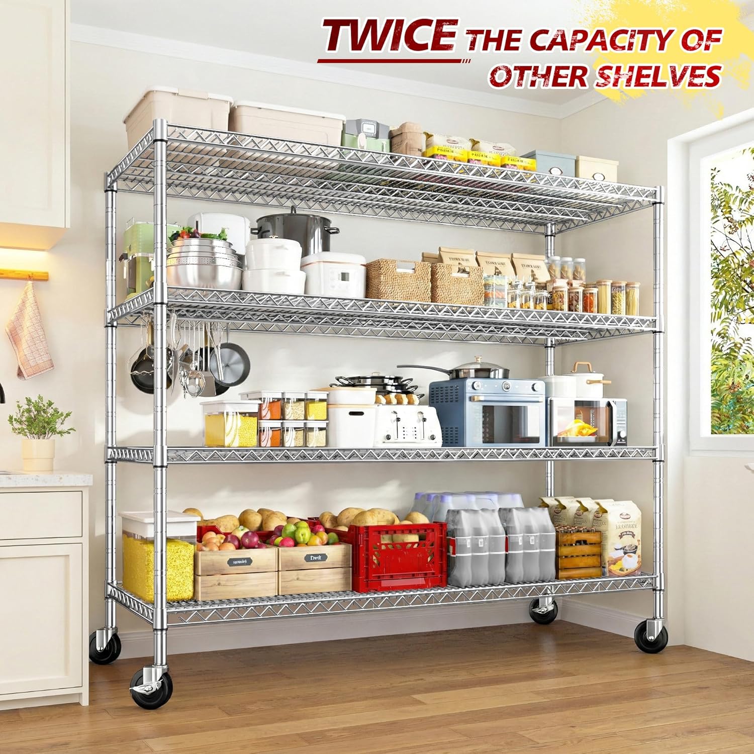 75.6" H Storage Shelves 2500LBS Garage Shelving Unit with Wheels Metal Shelving Heavy Duty Wire Shelves for Storage Rack Adjustable Pantry Shelf Commercial Shelving for Kitchen Garage,55.5''W X 24" D
