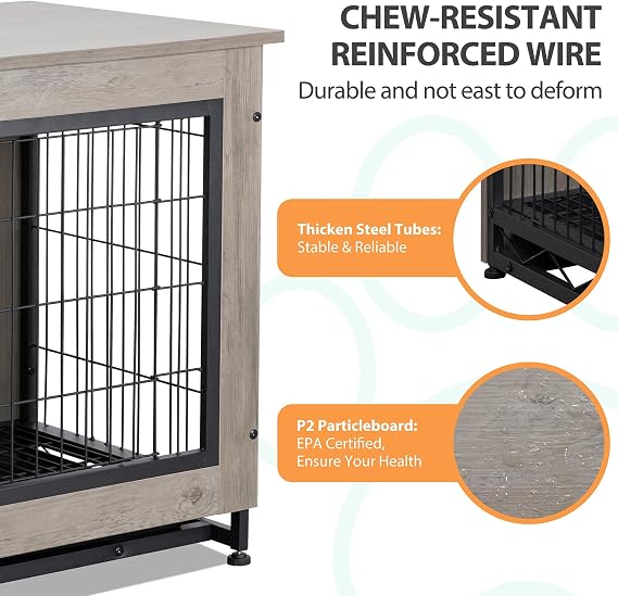 Shintenchi Wooden Dog Crate Furniture for Large Breed, L Double-Door Kennel Indoor with Removable Tray, End Table L Dog Crate for Decoration, 38.6 L, Grey