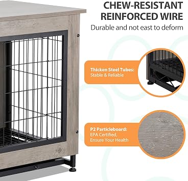 Shintenchi Wooden Dog Crate Furniture for Large Breed, L Double-Door Kennel Indoor with Removable Tray, End Table L Dog Crate for Decoration, 38.6 L, Grey