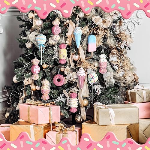 Miniatura 4 de Poen 12 adornos de Navidad de caramelo 2025 de 5.9 pulgadas, decoración de árbol de Navidad de caramelo rosa pastel, paletas grandes, dona, helado,