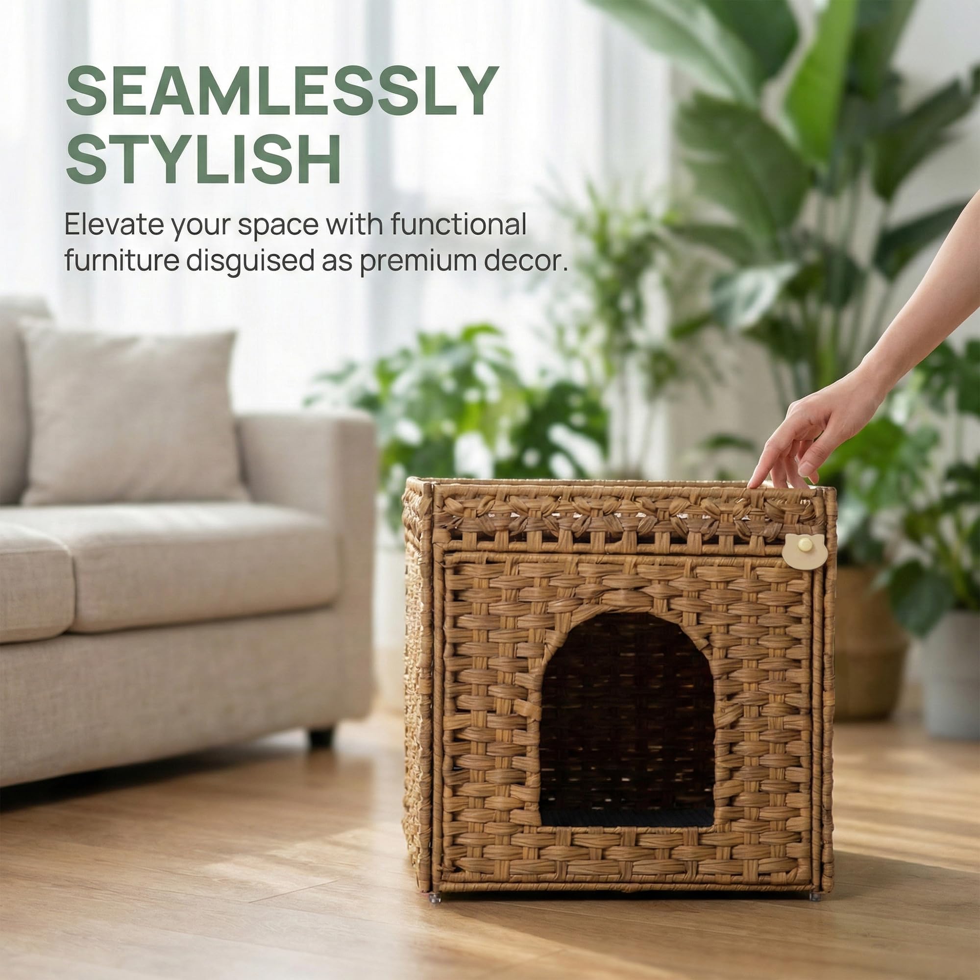 Cat Litter Box Furniture, Rattan Litter Box Enclosure Cabinet for Indoor Cats, Ventilated Covered Litter Box House, Decorative Litter Box Hider with Mat - image 8