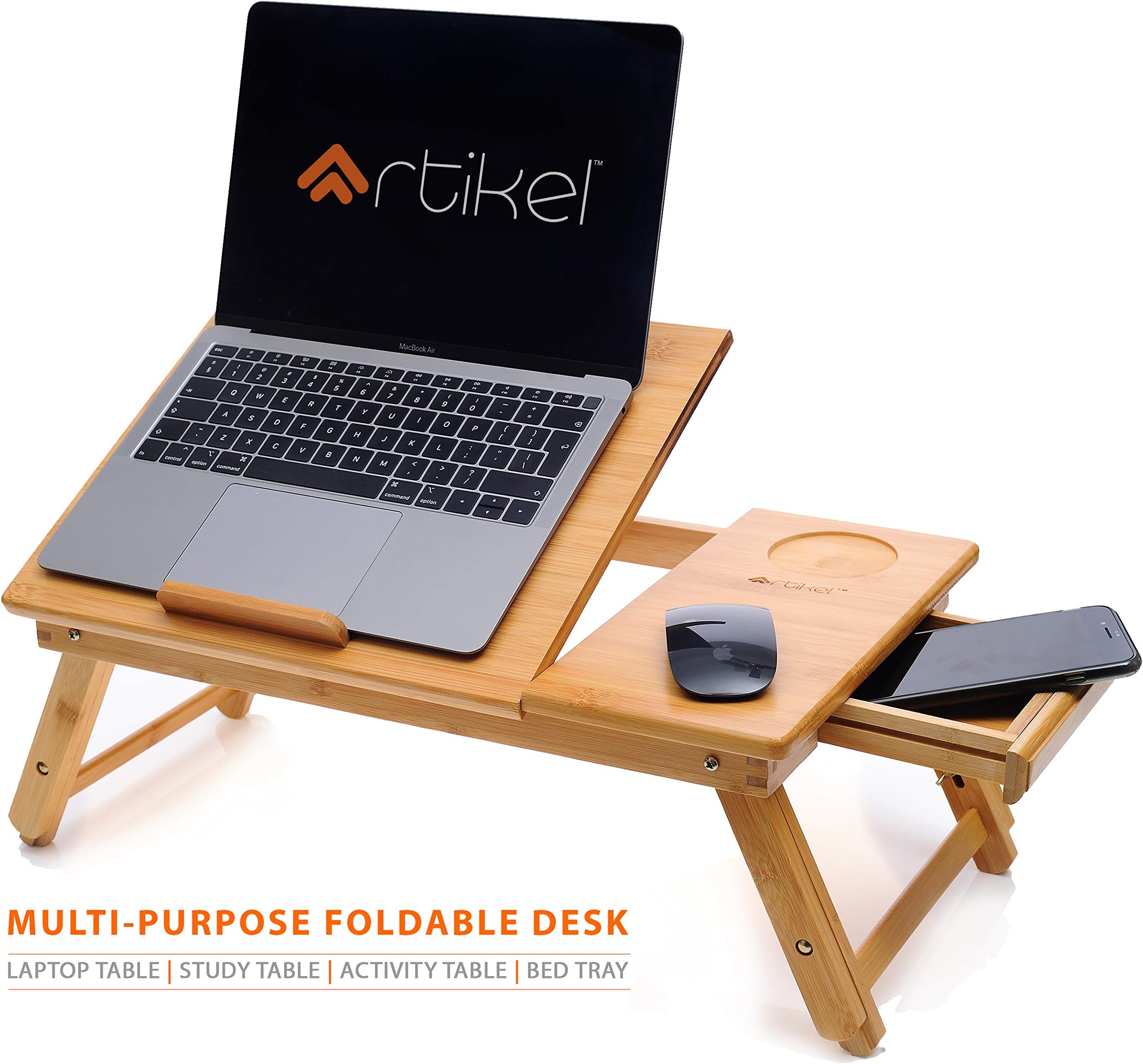 Artikel® Multi-Purpose Bamboo Laptop Table | Study Table | Bed Table | Foldable and Portable | Tilt & Height Adjustable | Ergonomic & Rounded Edges | Handmade