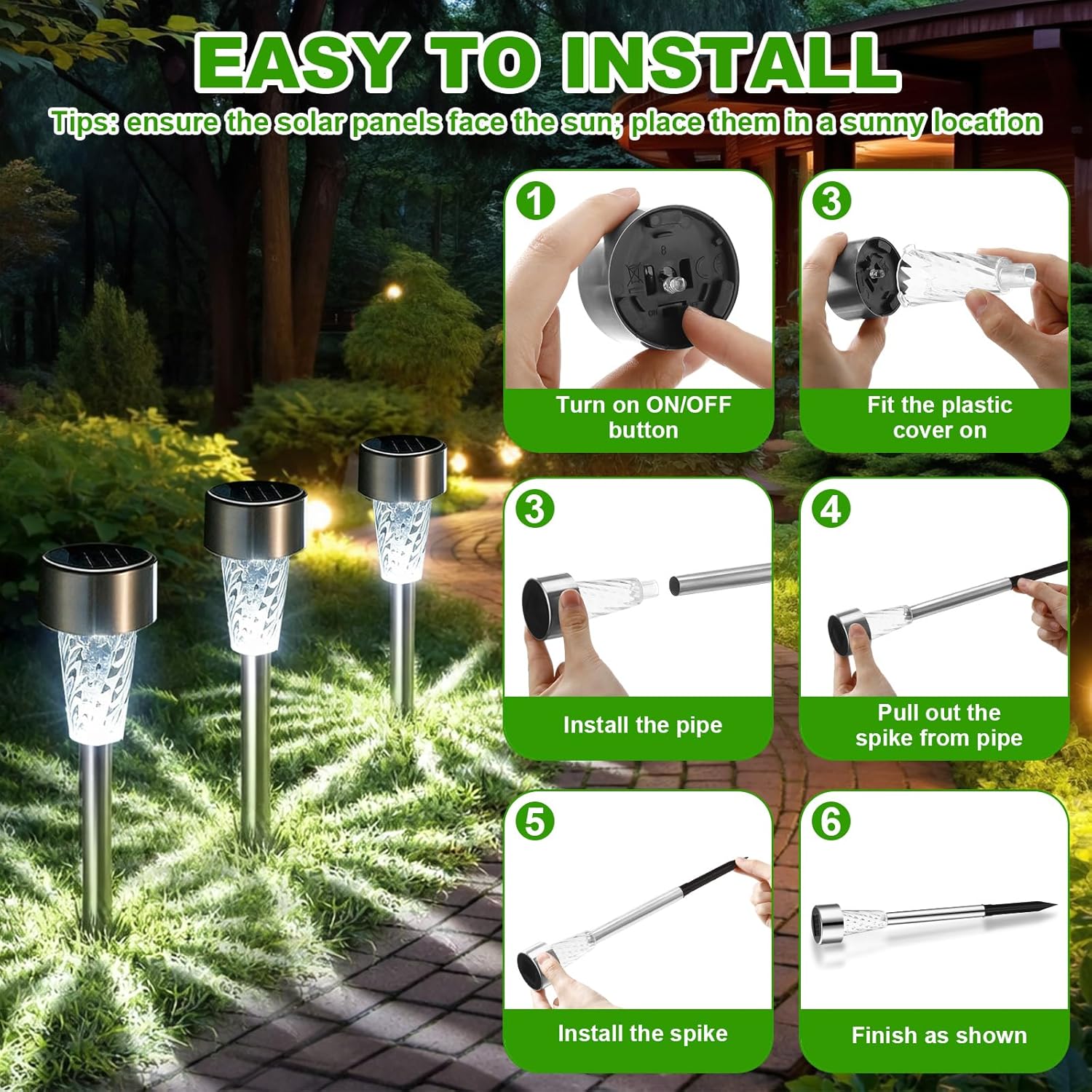 50 Pack Solar Pathway Lights Outdoor Bulk, Stainless Steel LED Path Lights, Weather Resistant Solar Stake Light with Auto On/Off Sensor for Lawn, Patio, Driveway, Walkway, Garden Path