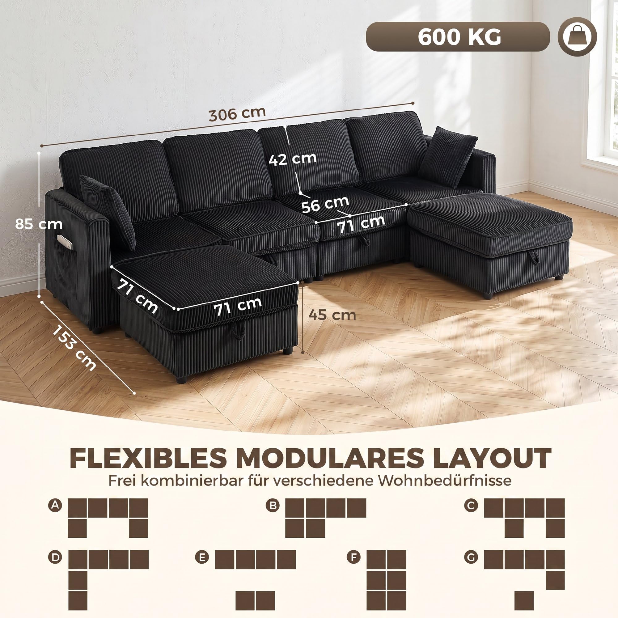 HOMCOM Ecksofa 4-Sitzer U-Form Sofa mit Stauraum-Ottomane 306 cm