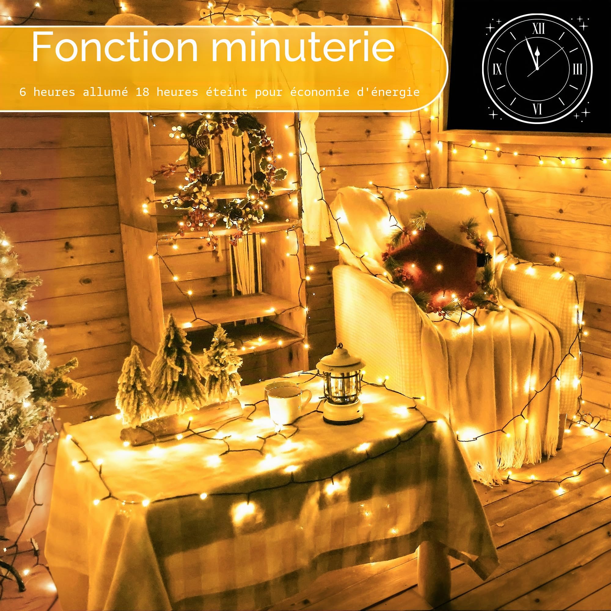 Auriostar Guirlande Lumineuse Pile, 20m 200LEDs Lumineuse Sapin de Noel avec 8 Modes, étanche IP44 Guirlande Lumineuse à Pile Exterieure Intérieur pour Noël, Chambre, Jardin (Fil Vert)